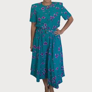 Vintage Leslie Fay Floral Midi Dress Turquoise